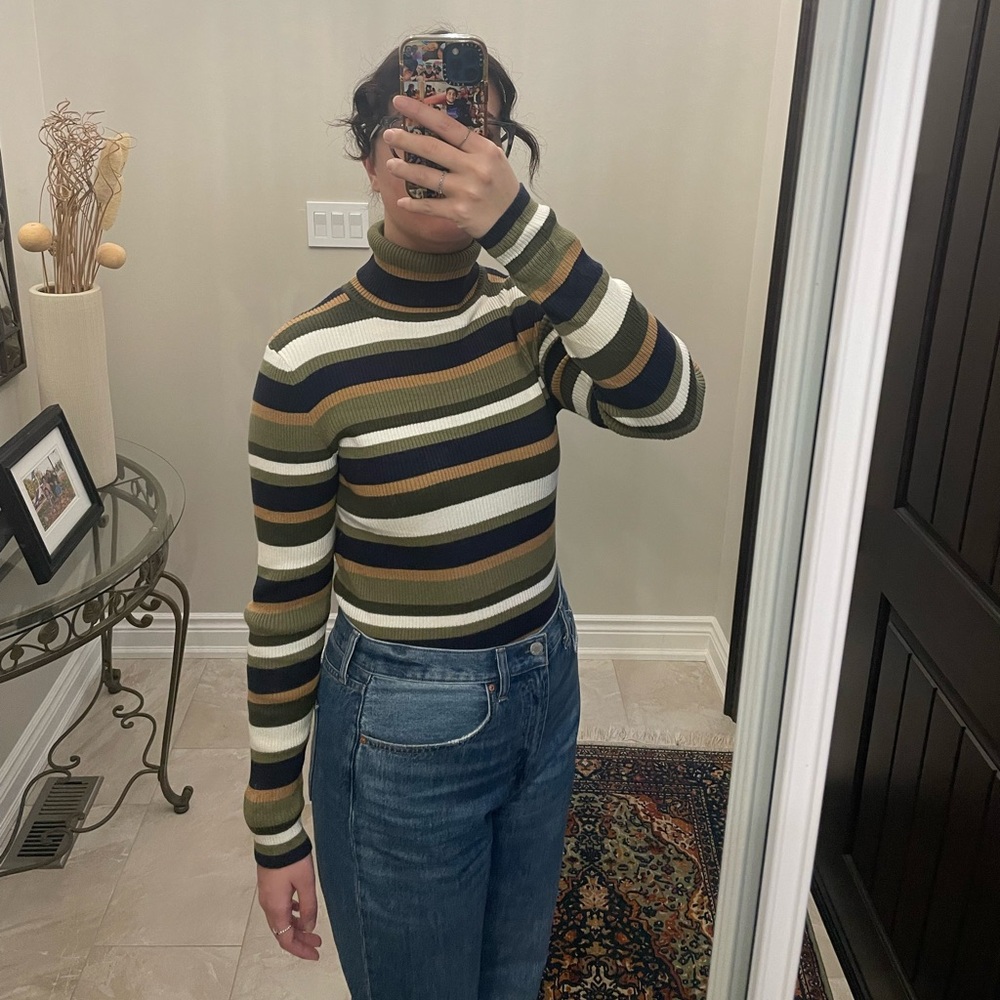 Striped knit turtle neck. The perfect colour palette for a spring piece!